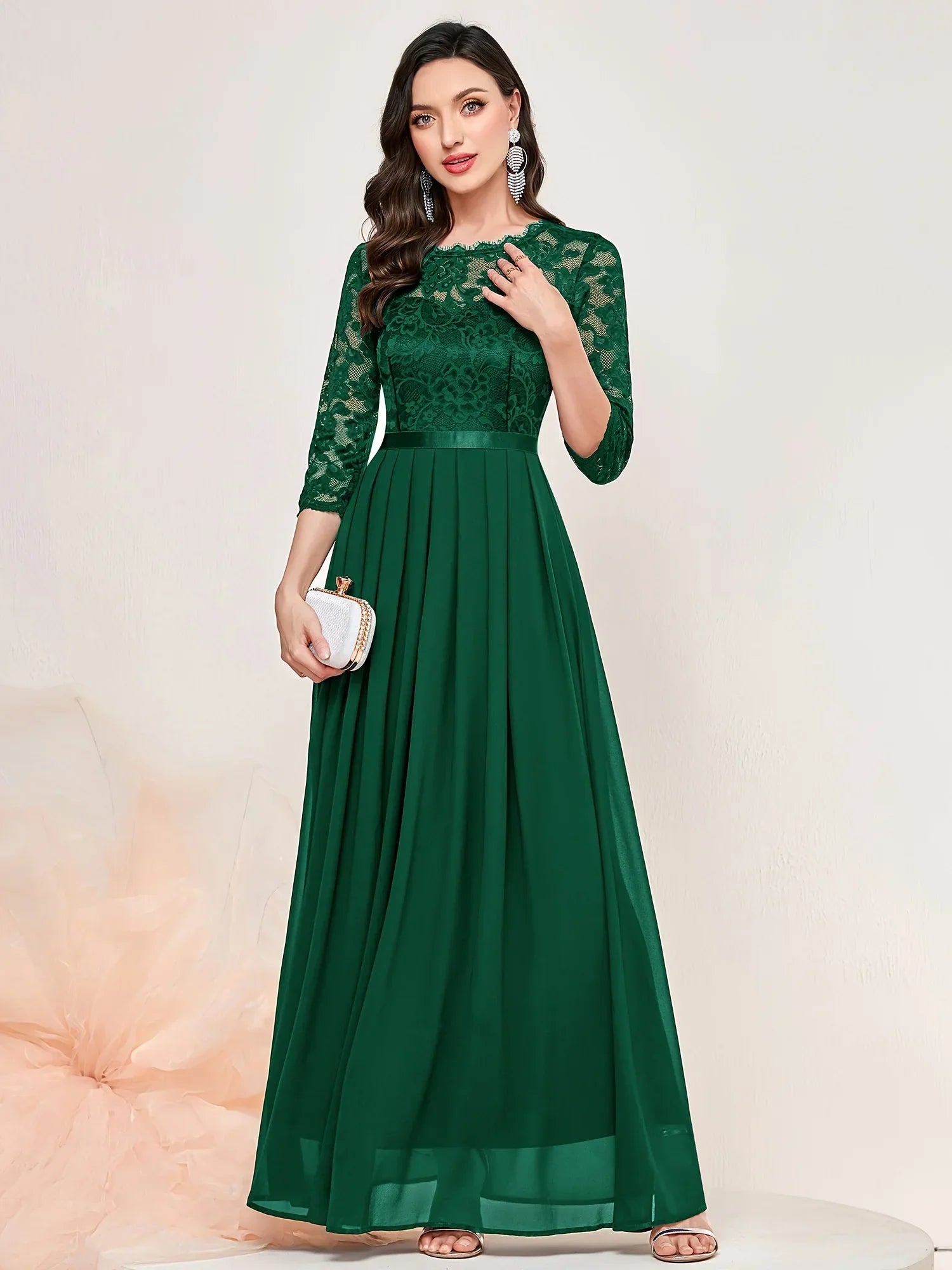 Women's Lace Pleated Quarter Sleeve Formal Evening Dress