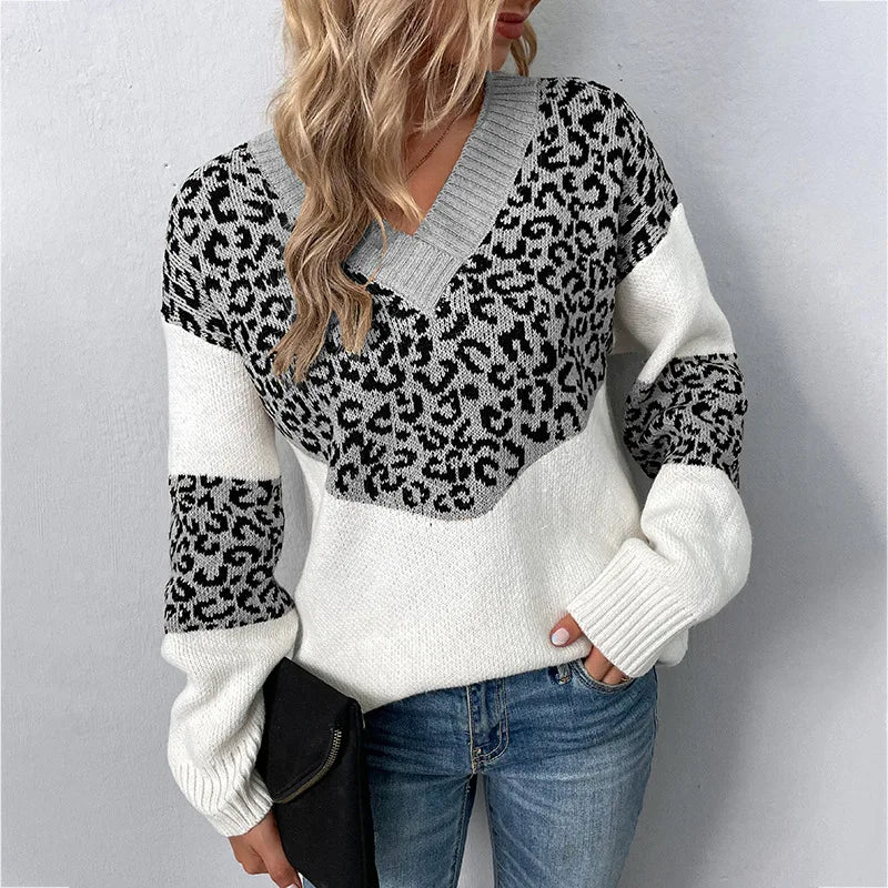 Women's Elegant V-neck Sweater Leopard