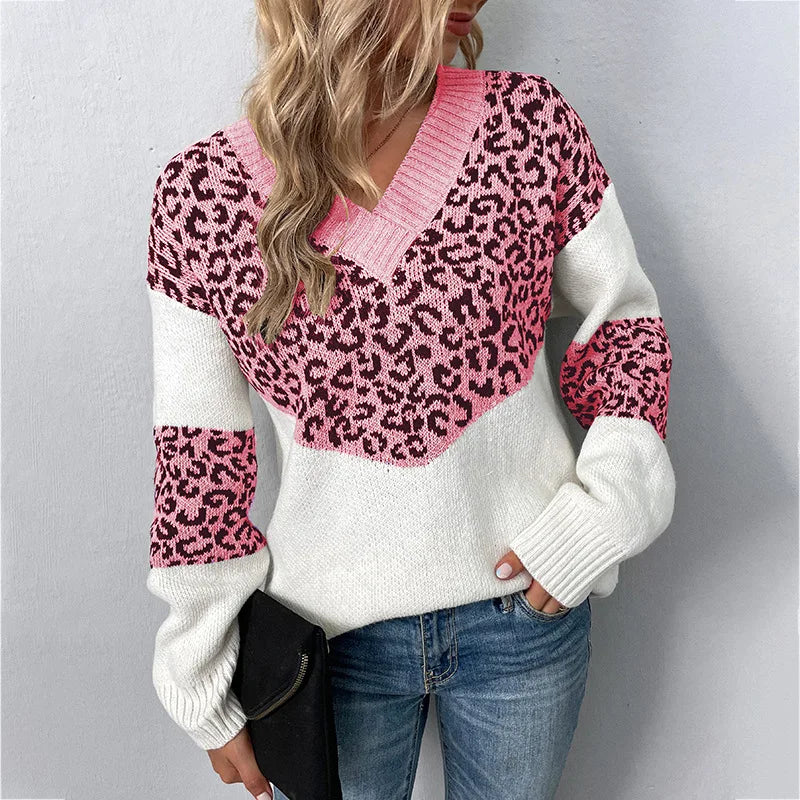 Women's Elegant V-neck Sweater Leopard