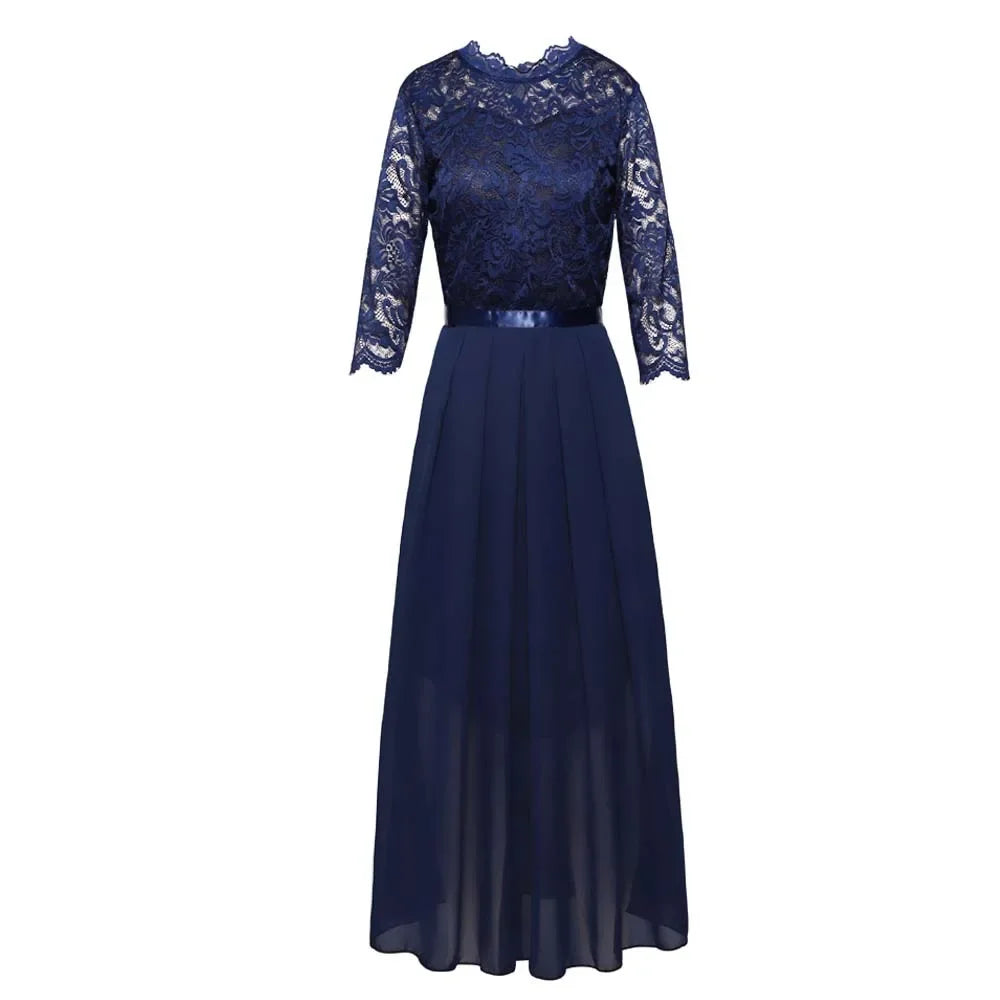 Women's Lace Pleated Quarter Sleeve Formal Evening Dress