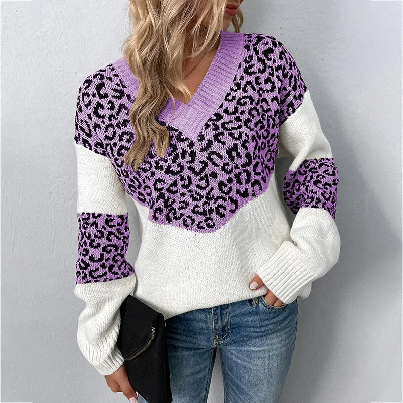 Women's Elegant V-neck Sweater Leopard