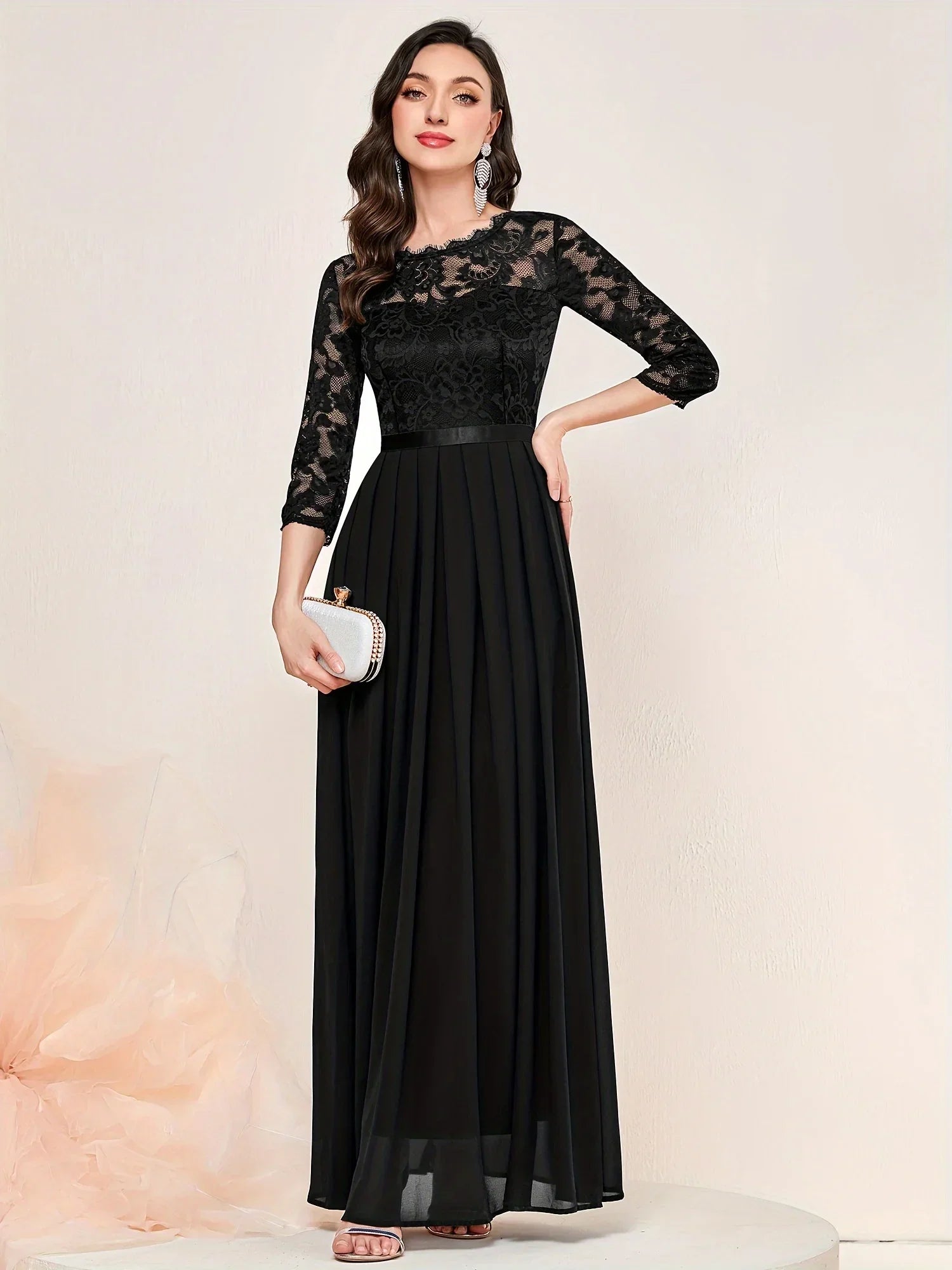 Women's Lace Pleated Quarter Sleeve Formal Evening Dress