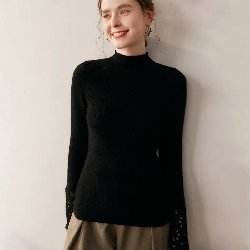 Women's wool sweater with half-high collar