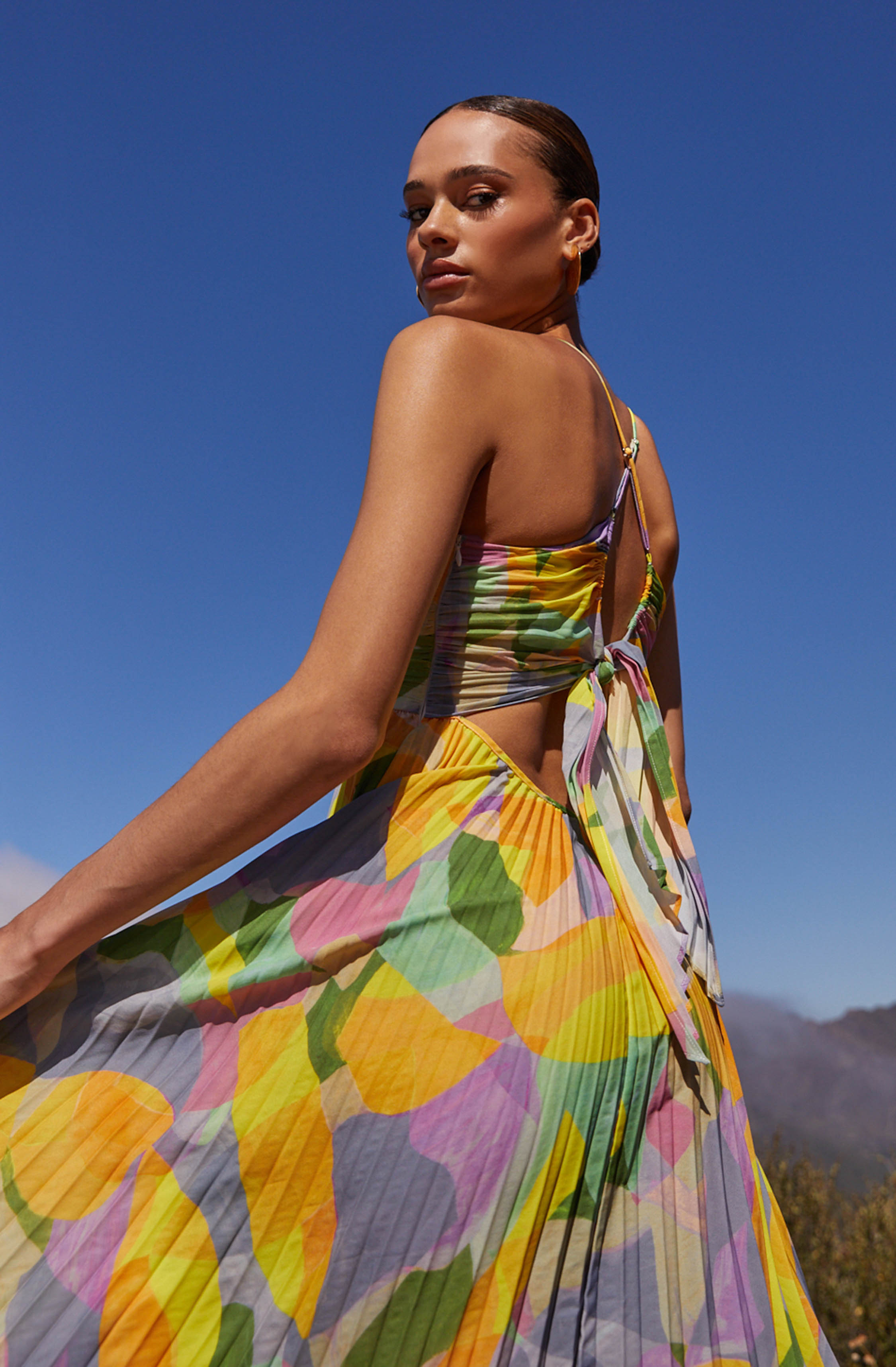 Women's Pleated Maxi Dress with Floral Print