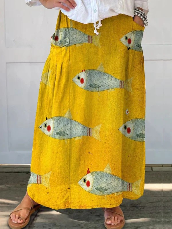 Women's Vintage Fish Art Print Pocket Skirt