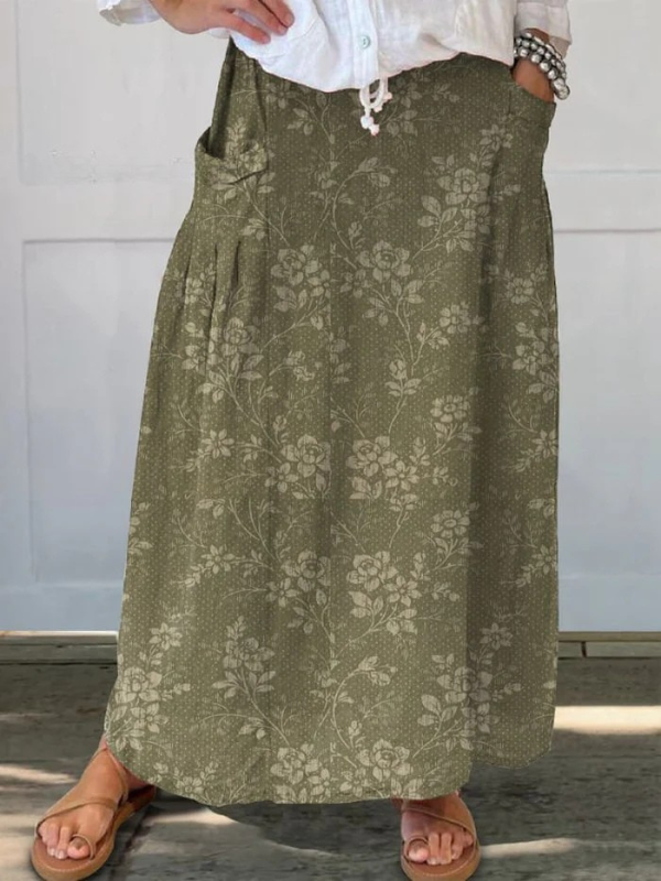 Women's Vintage Floral Elastic waistband Pocket Skirt