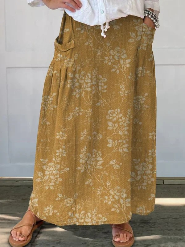 Women's Vintage Floral Elastic waistband Pocket Skirt