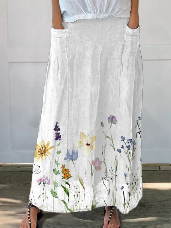 Women's Watercolor Spring Meadows Art Printed Elastic waistband Pocket Skirt