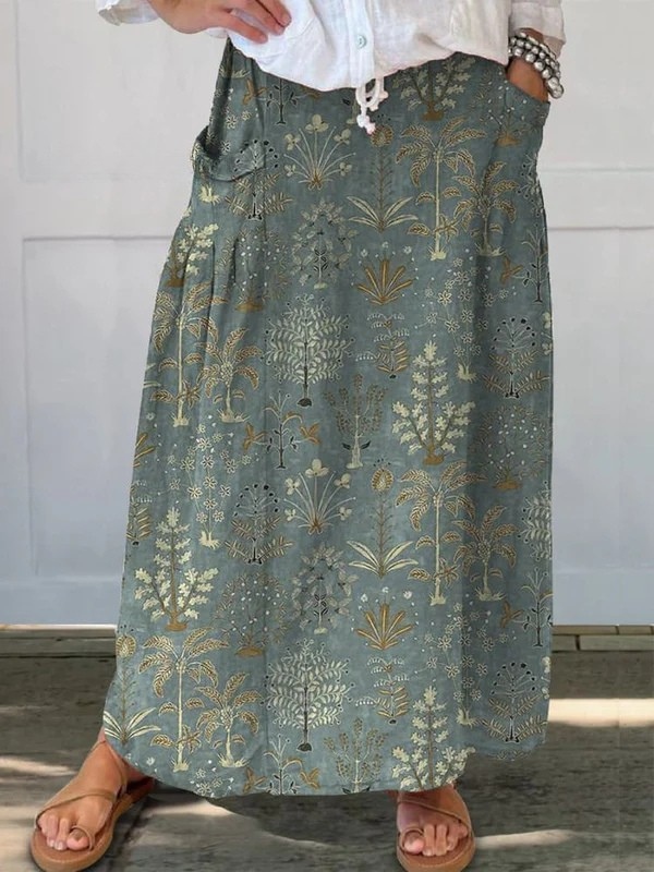 Women's Woodland Vegetation Pattern Printed Elastic waistband Pocket Skirt