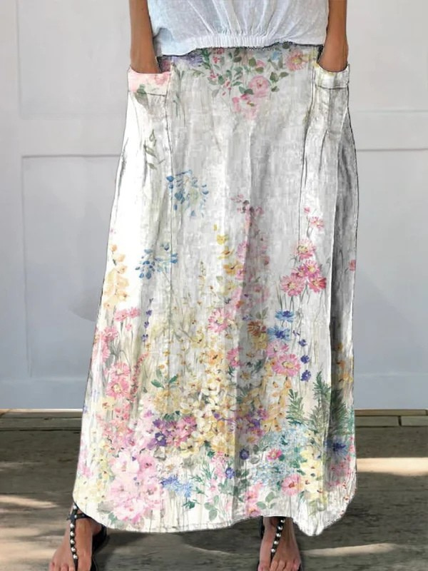 Women's Vintage Botanical Floral Elastic waistband Pocket Skirt