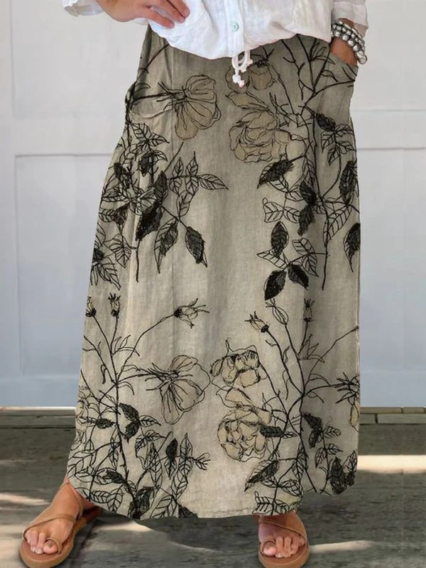 Women's Retro Floral Art Elastic waistband Pocket Skirt