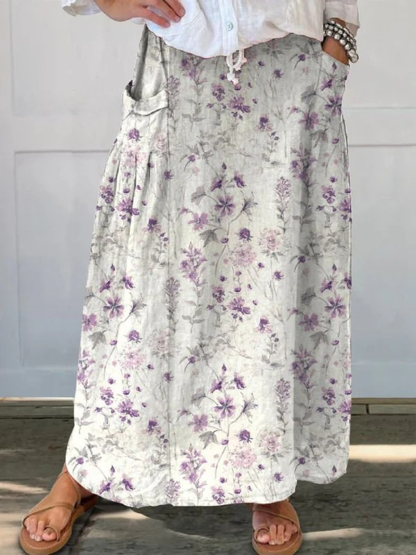 Women's Vintage Floral Art Elastic waistband Pocket Skirt