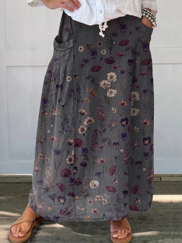 Women's Flower Art  Print Pocket Skirt