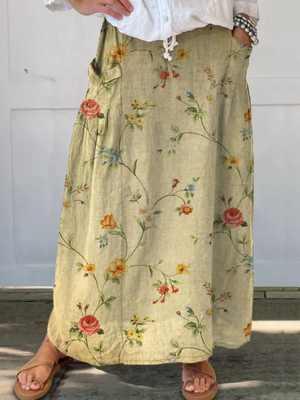 Women's Retro Elegant Floral Art Elastic waistband Pocket Skirt