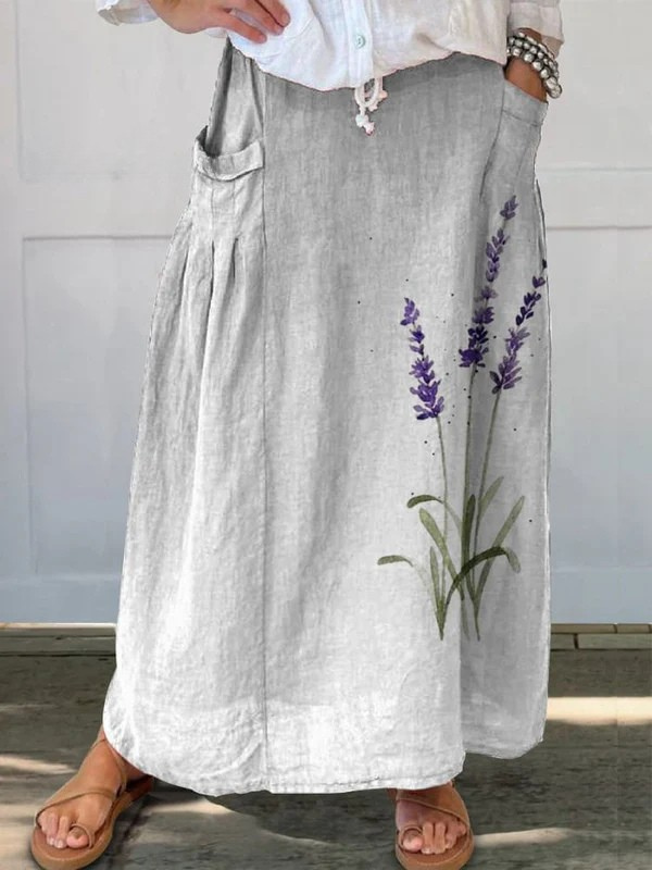 Women's Watercolor Lavender Floral Printed Elastic waistband Pocket Skirt
