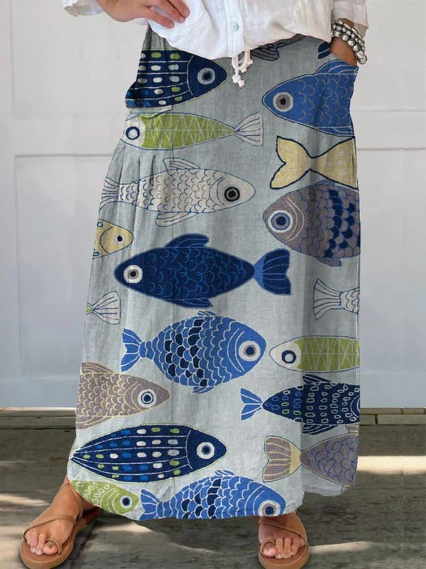 Women's Vintage Lovely Fish Art Print Pocket Skirt