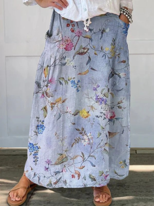 Women's Elegant Vintage Blue Print Pocket Skirt