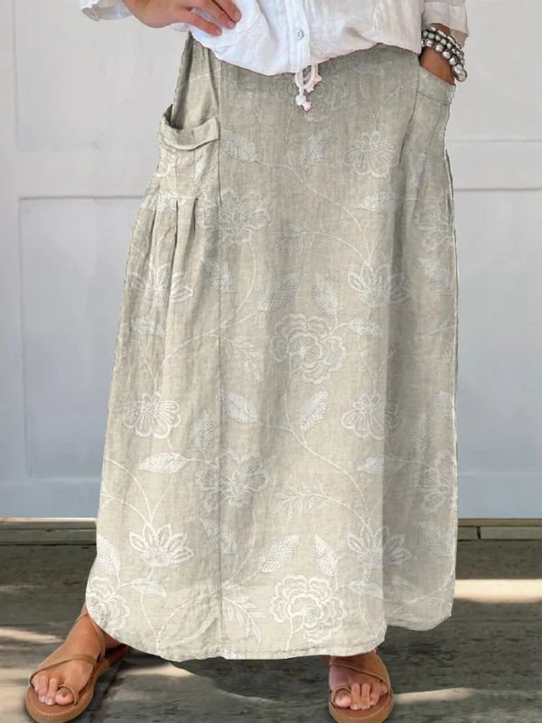 Women's Vintage Floral Art Elastic waistband Pocket Skirt