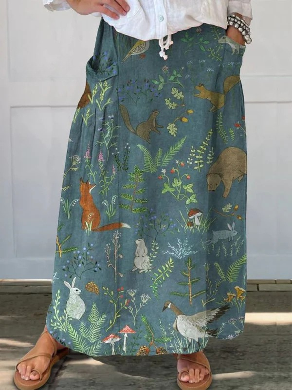 Women's Retro Floral Animals Art Casual Pocket Skirt