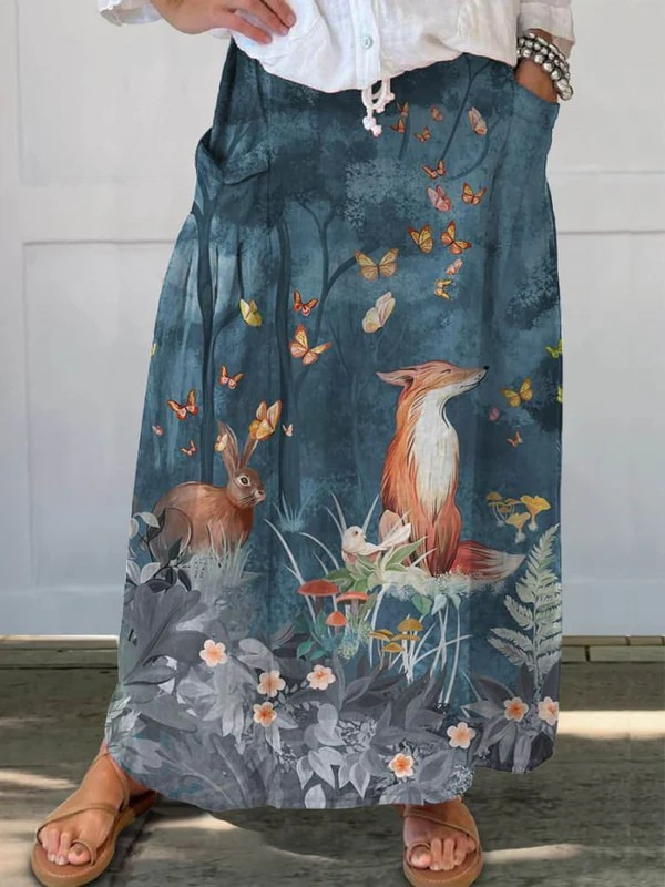 Women's Vintage Floral Animals Art Print Casual Pocket Skirt