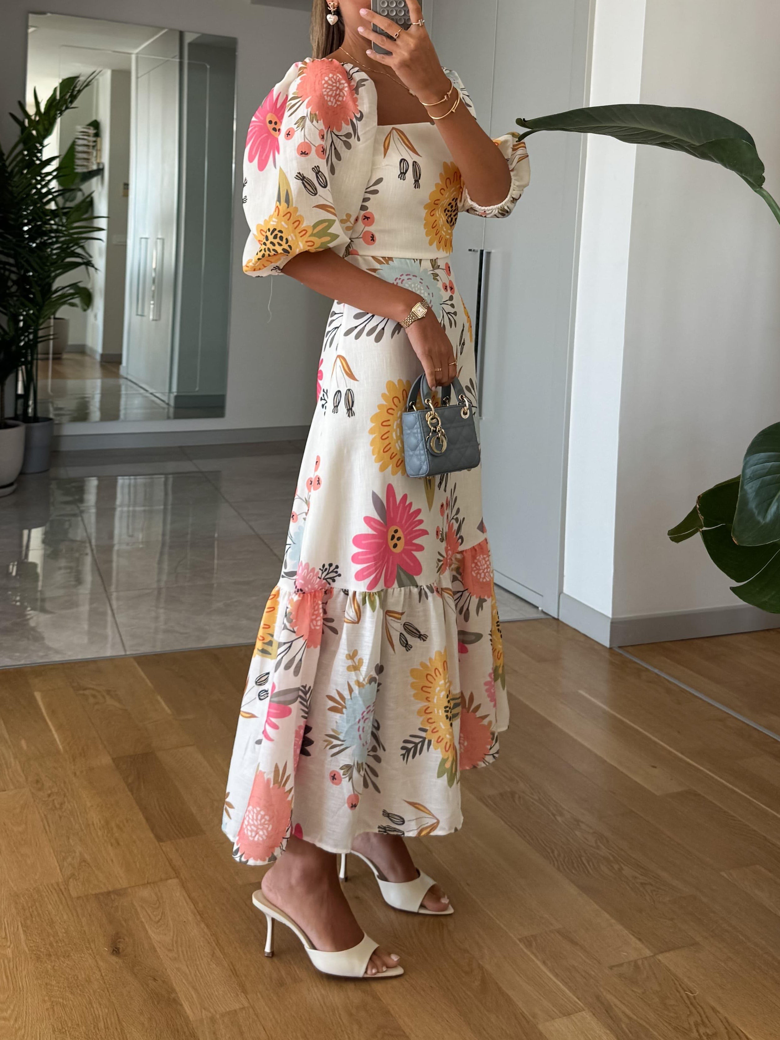 Women's Square Neck Floral Print Puff Sleeve Midi Dress