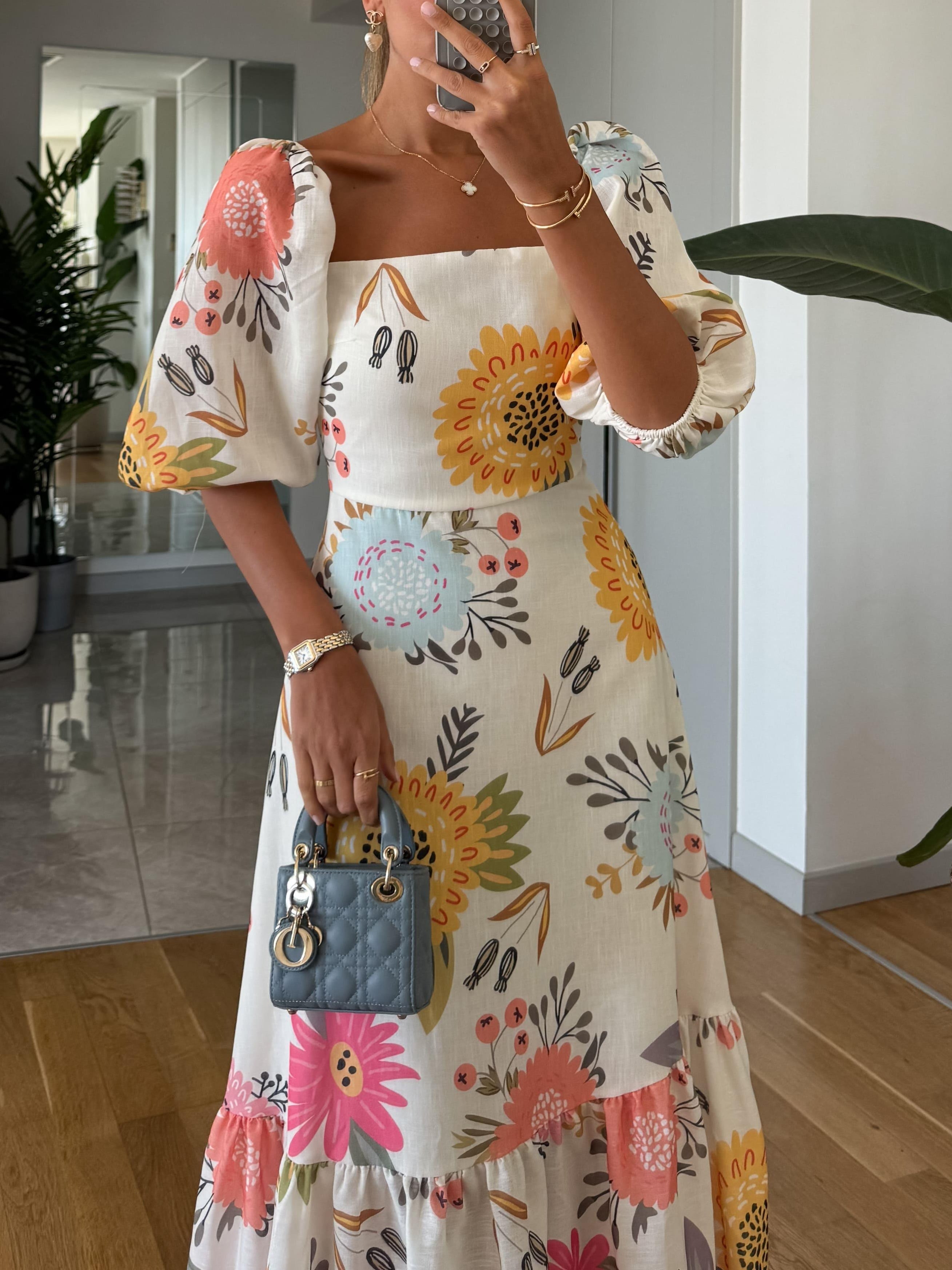 Women's Square Neck Floral Print Puff Sleeve Midi Dress