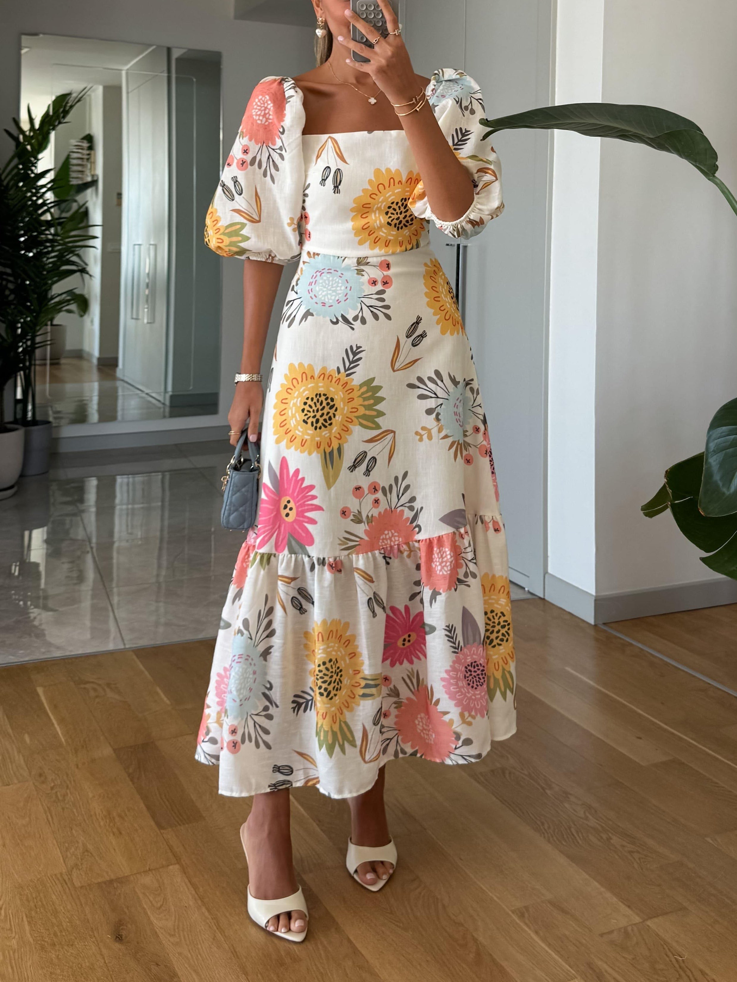 Women's Square Neck Floral Print Puff Sleeve Midi Dress