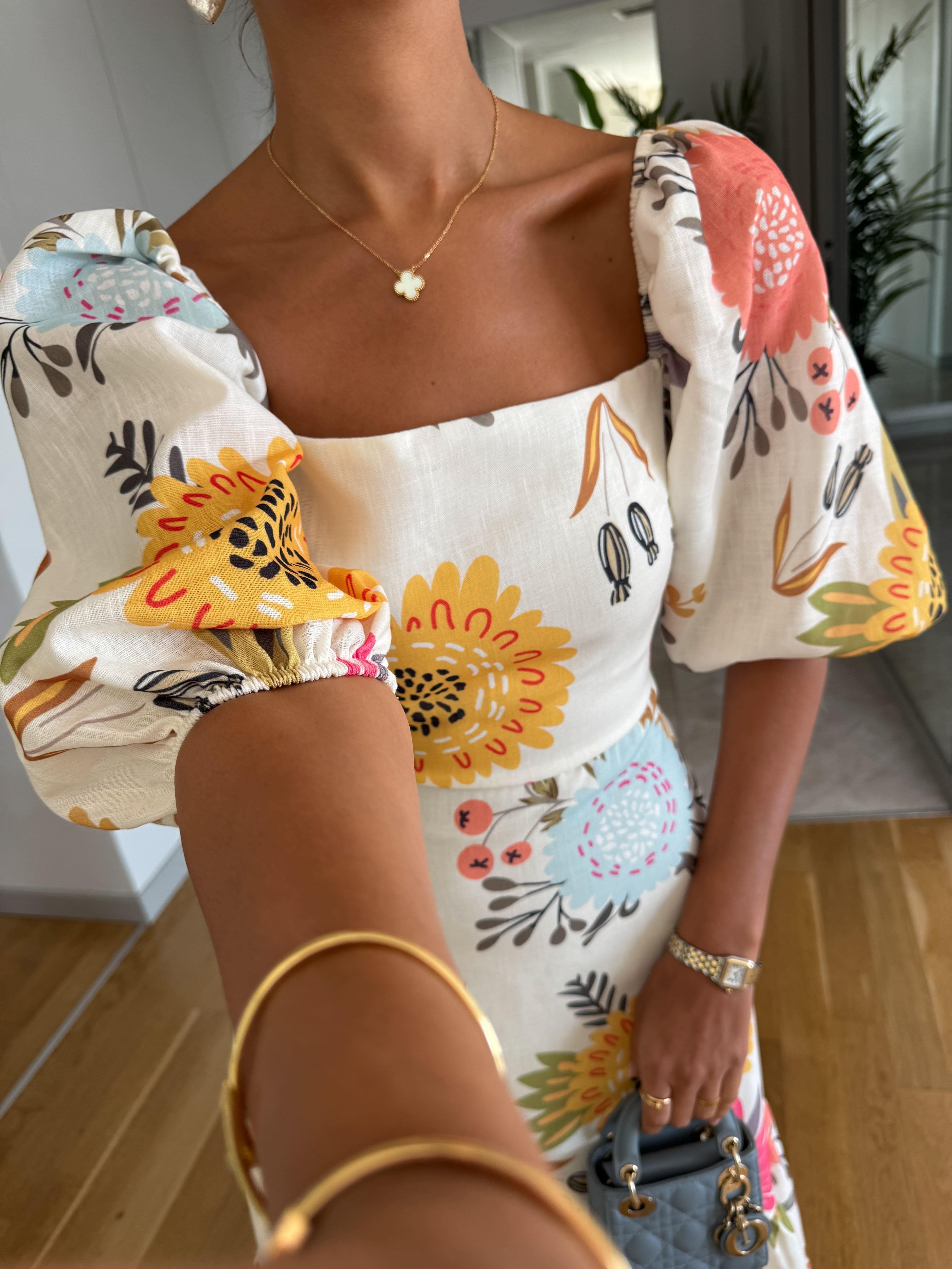 Women's Square Neck Floral Print Puff Sleeve Midi Dress