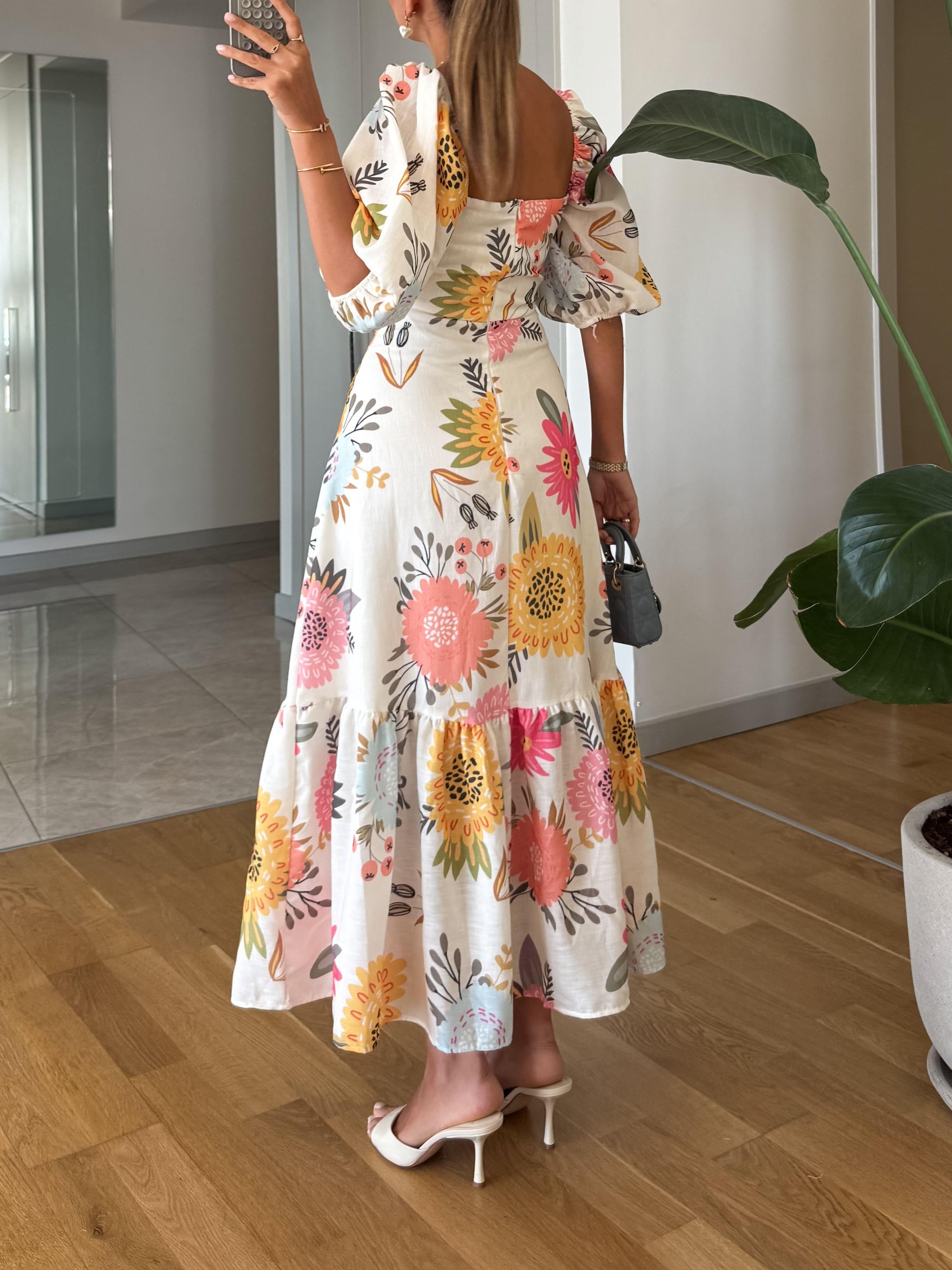 Women's Square Neck Floral Print Puff Sleeve Midi Dress