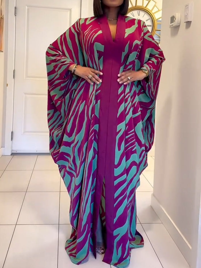 Women's Zebra Print V-Neck Batwing Sleeve Robe Maxi Dress