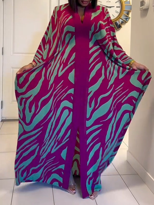 Women's Zebra Print V-Neck Batwing Sleeve Robe Maxi Dress