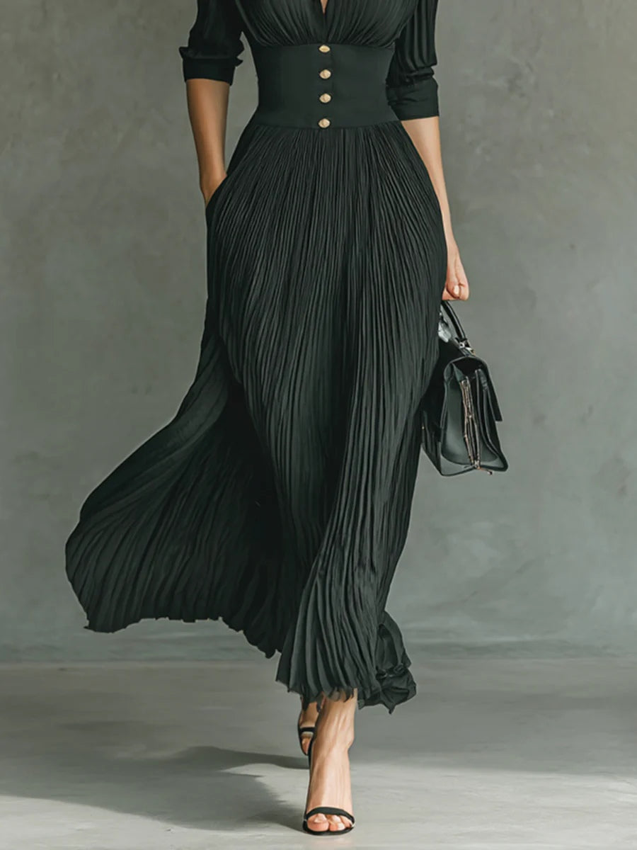 Women's Elegant Pleated Lapel Waist Maxi Dress