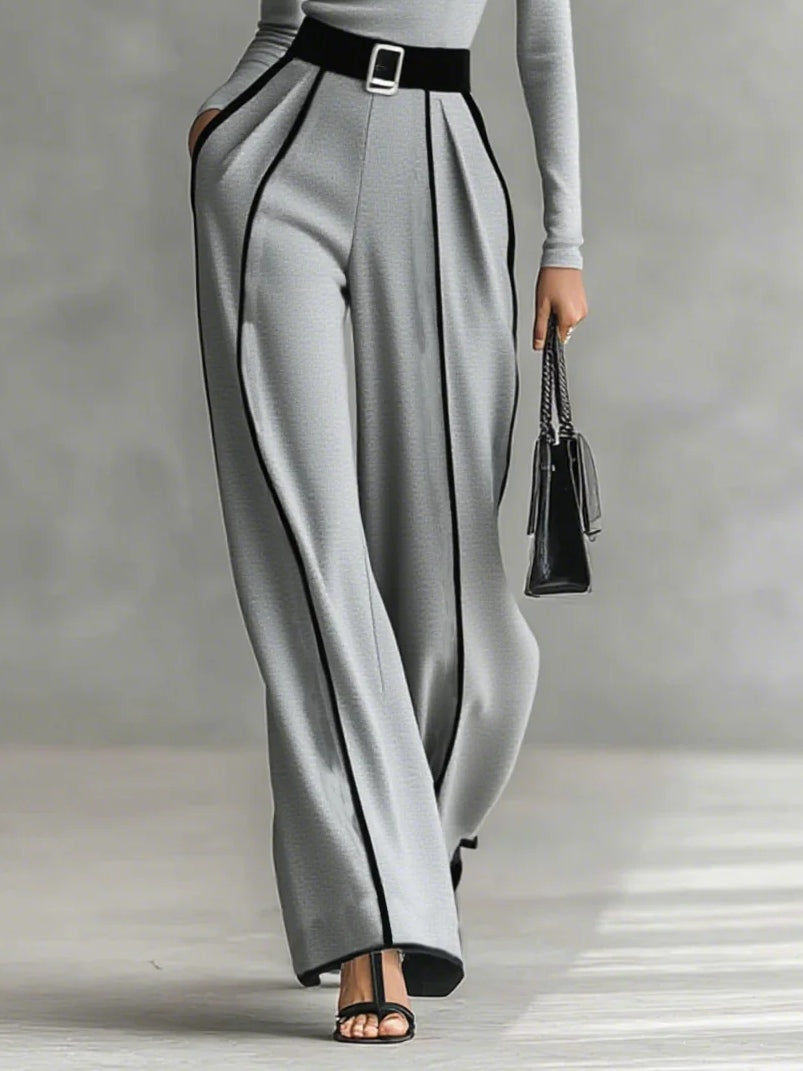Women's High-Neck Top & Wide-Leg Pants Set with Belt