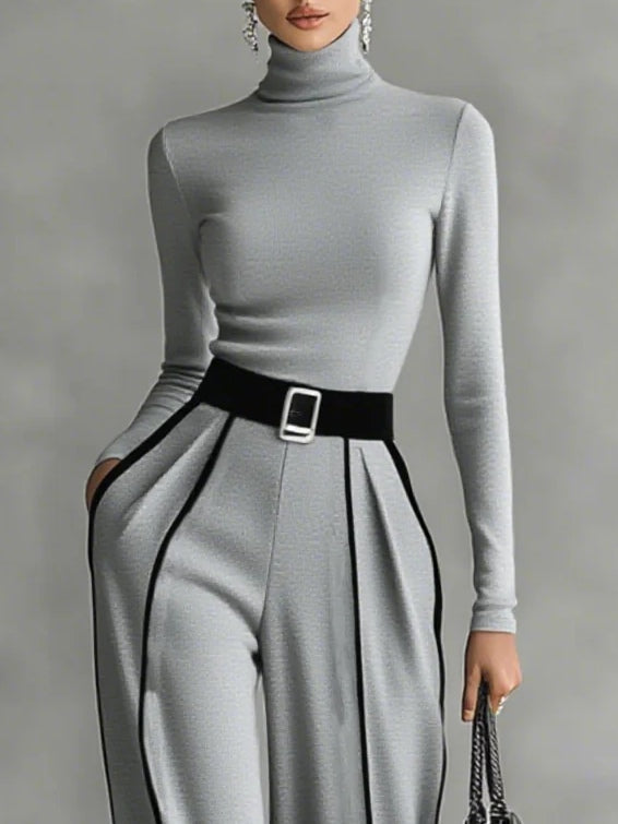 Women's High-Neck Top & Wide-Leg Pants Set with Belt