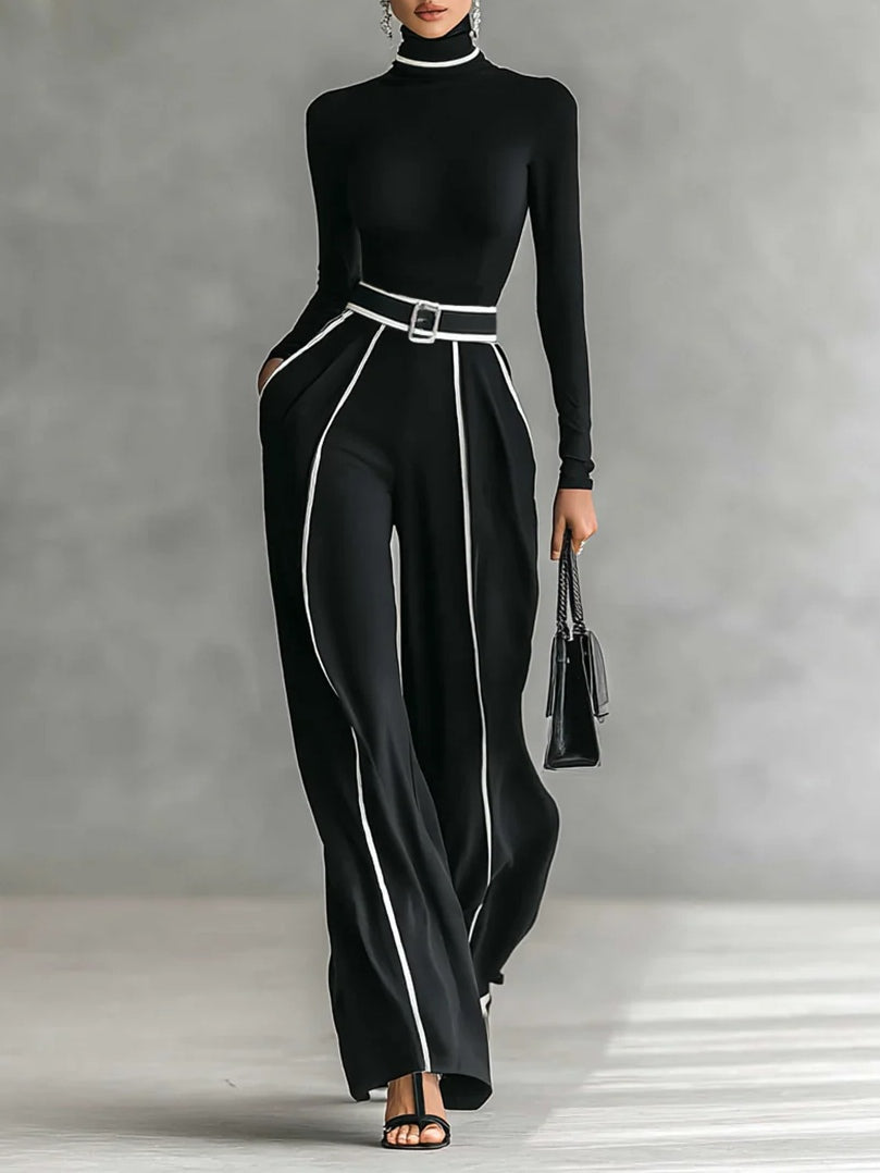 Women's High-Neck Top & Wide-Leg Pants Set with Belt