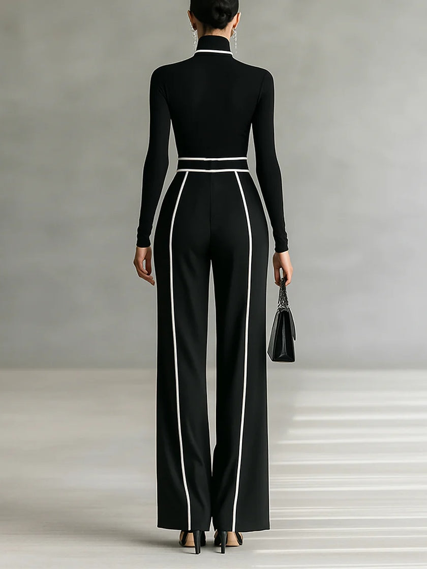 Women's High-Neck Top & Wide-Leg Pants Set with Belt