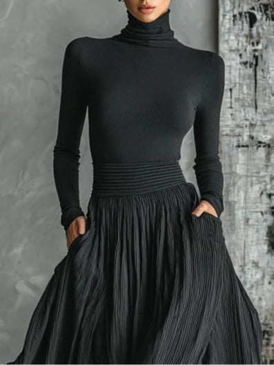 Women's Skinny Turtleneck T-shirt Pleated Skirt Set