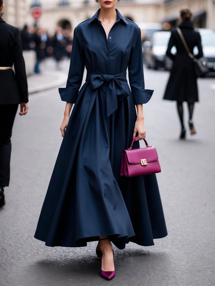 Women's Elegant Long-Sleeve Tie Maxi Dress
