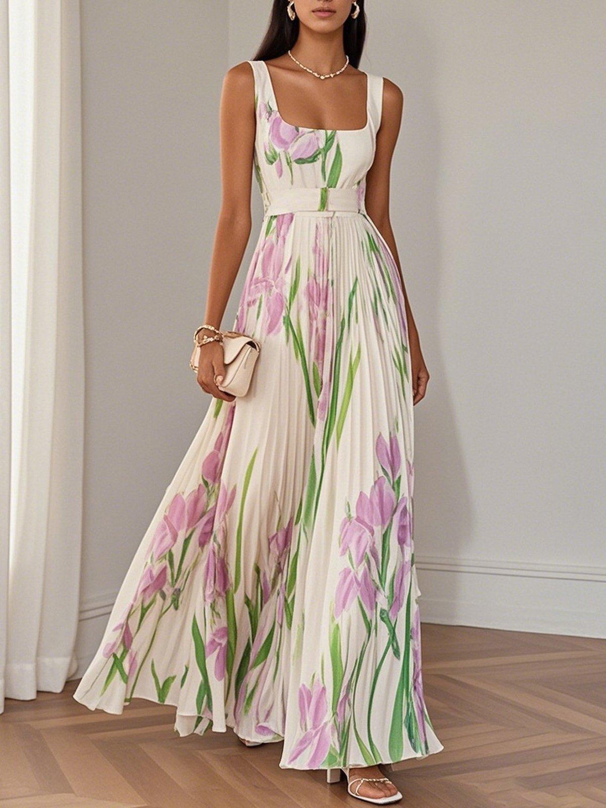 Women's White Pleated Floral Maxi Dress