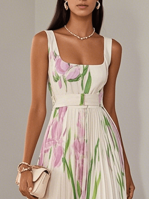 Women's White Pleated Floral Maxi Dress