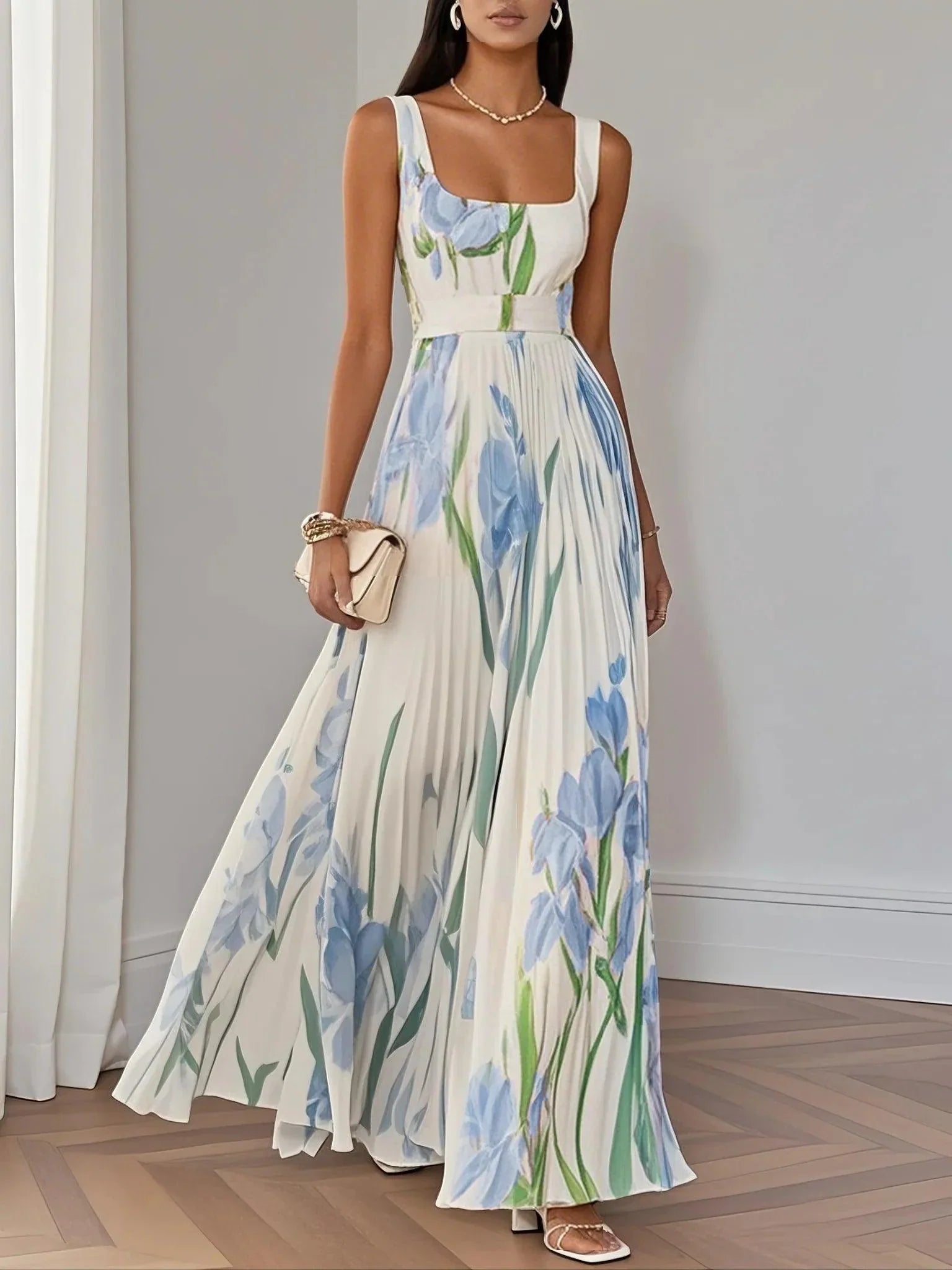 Women's White Pleated Floral Maxi Dress