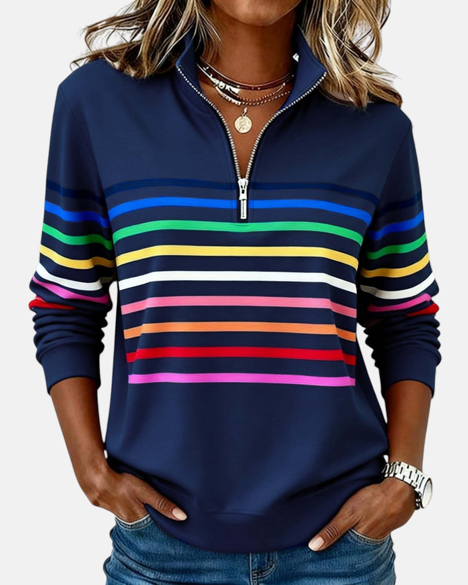 Women's Rainbow Striped Zip Sweatshirt