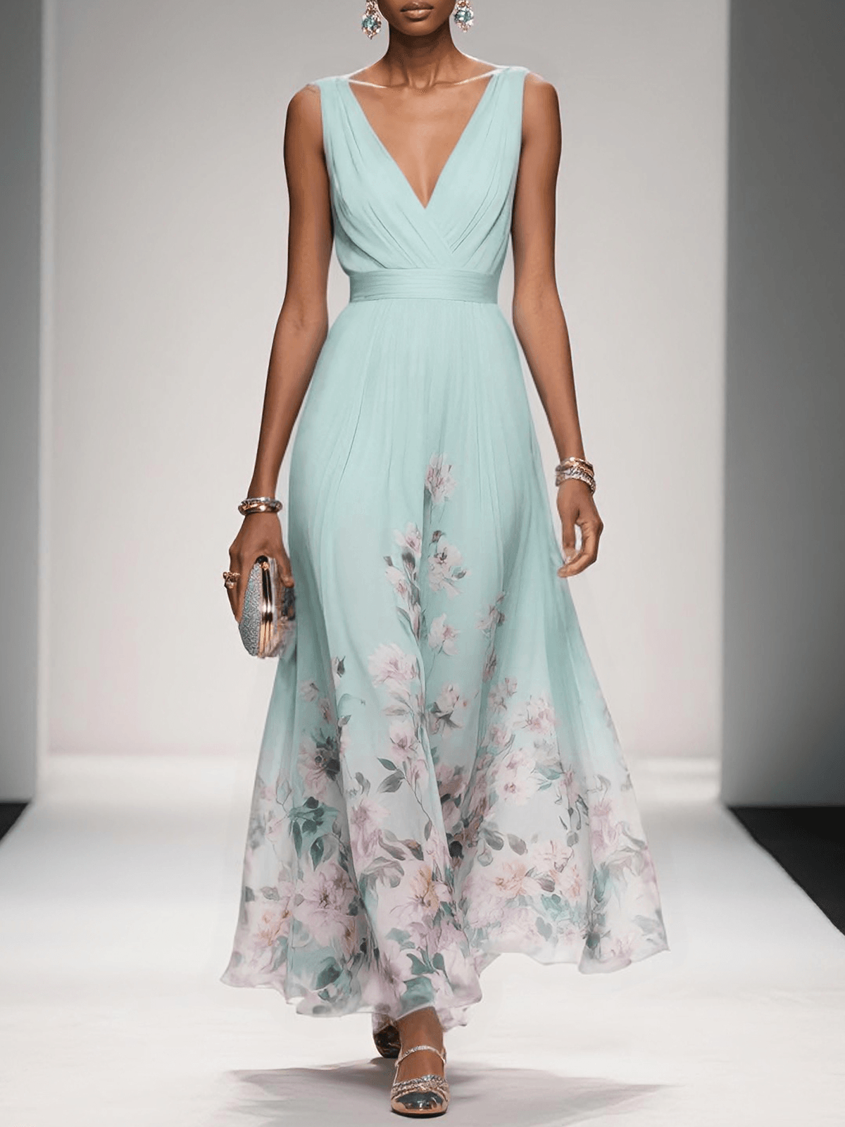 Women's Light Blue Floral Chiffon Maxi Dress