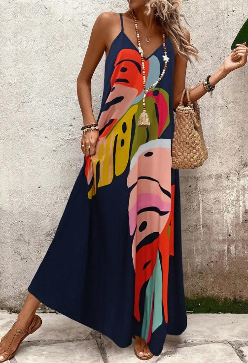 Women’s Vibrant Leaf Print Maxi Dress