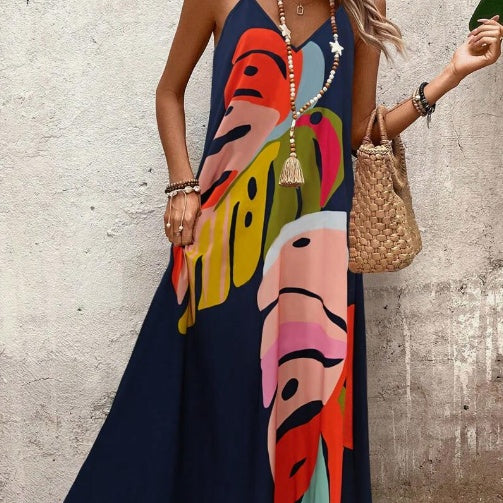 Women’s Vibrant Leaf Print Maxi Dress