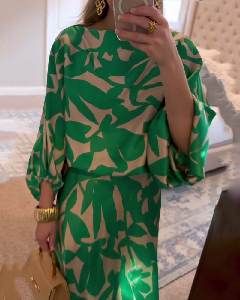Women's Two-Piece Printed Set with Lantern Sleeves