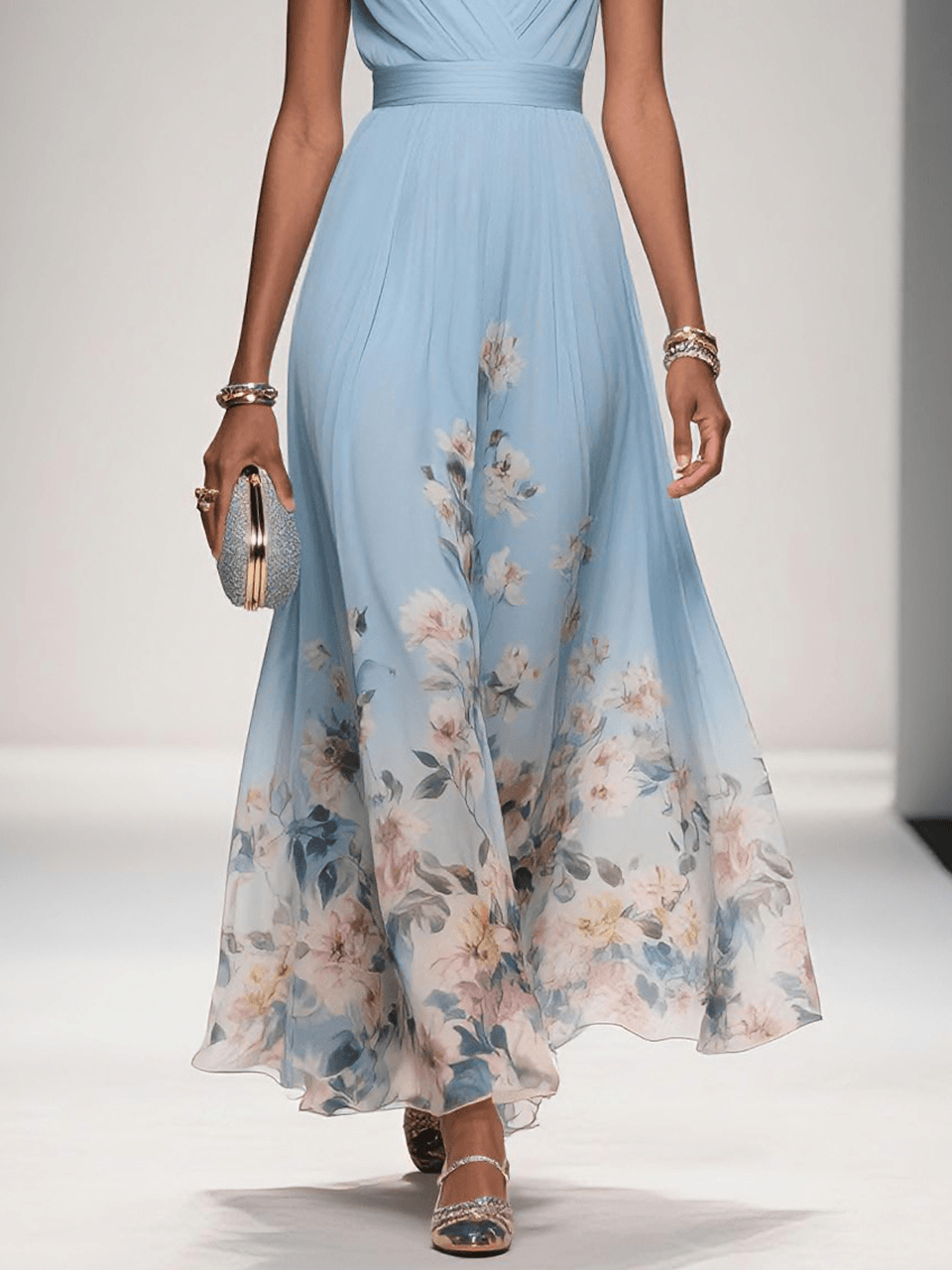 Women's Light Blue Floral Chiffon Maxi Dress