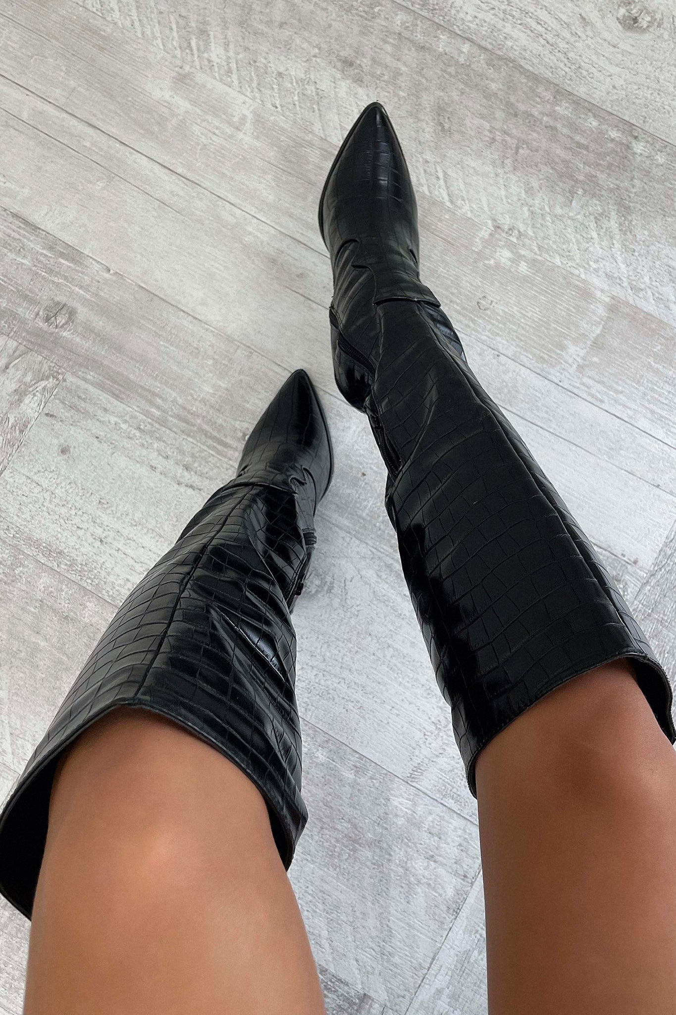 Women's Black Croc Knee-High Boots