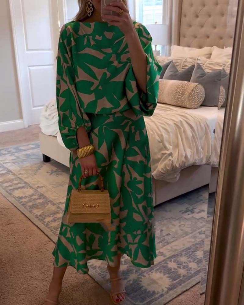Women's Two-Piece Printed Set with Lantern Sleeves