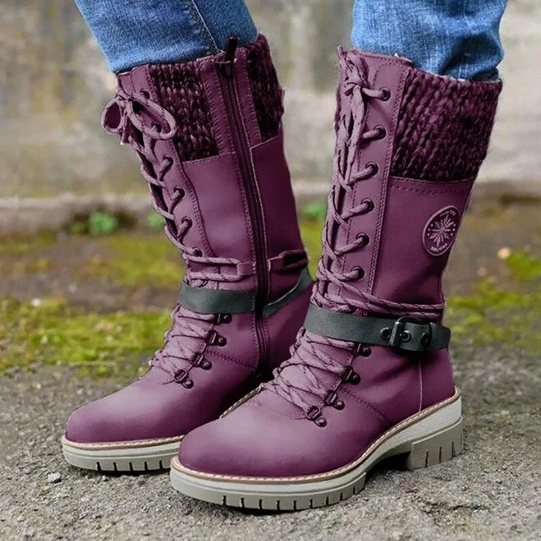 Women’s Knee-High Boots – Lace-Up Front – Wool Cuff